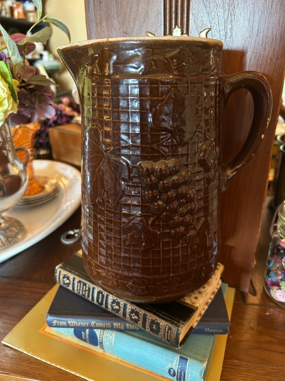 Grape and Lattice Embossed Brown Ceramic Stoneware Pottery Pitcher